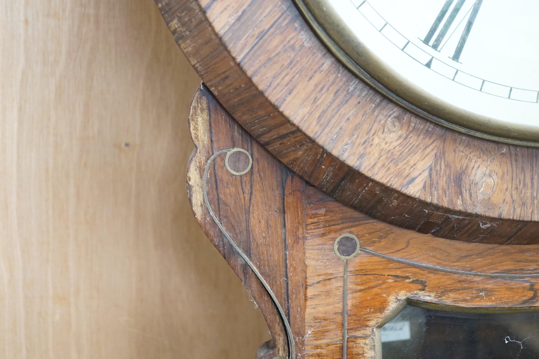 A Victorian inlaid rosewood drop-dial wall clock, James Heckle, Liverpool, single fusee movement with pendulum